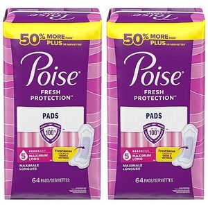 Poise Fresh Protection Pads Size 5 Lot of 2 Maximum Long 64 Count Incontinence